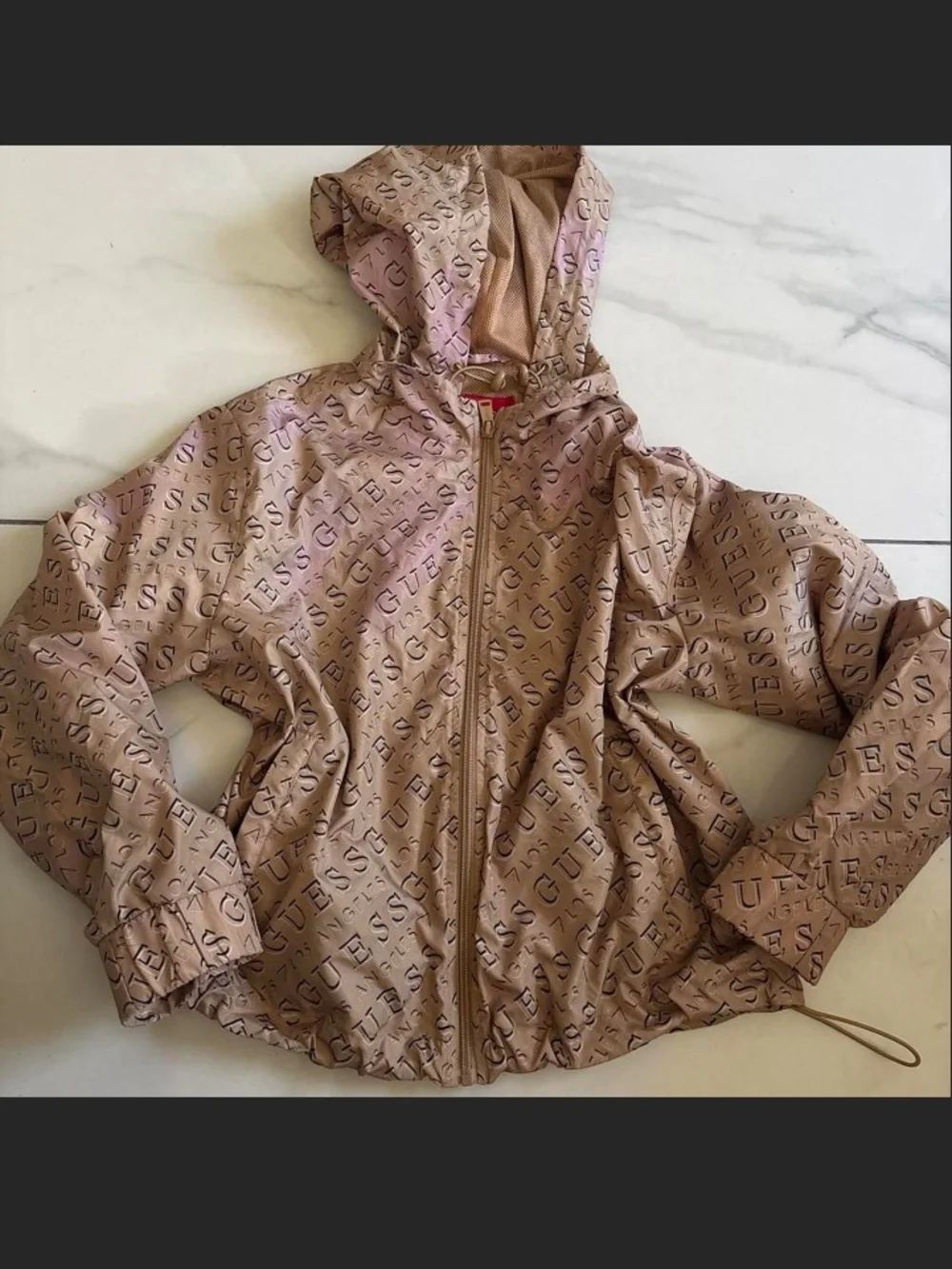Guess Taupe Logo-Print Hooded Bomber Jacket